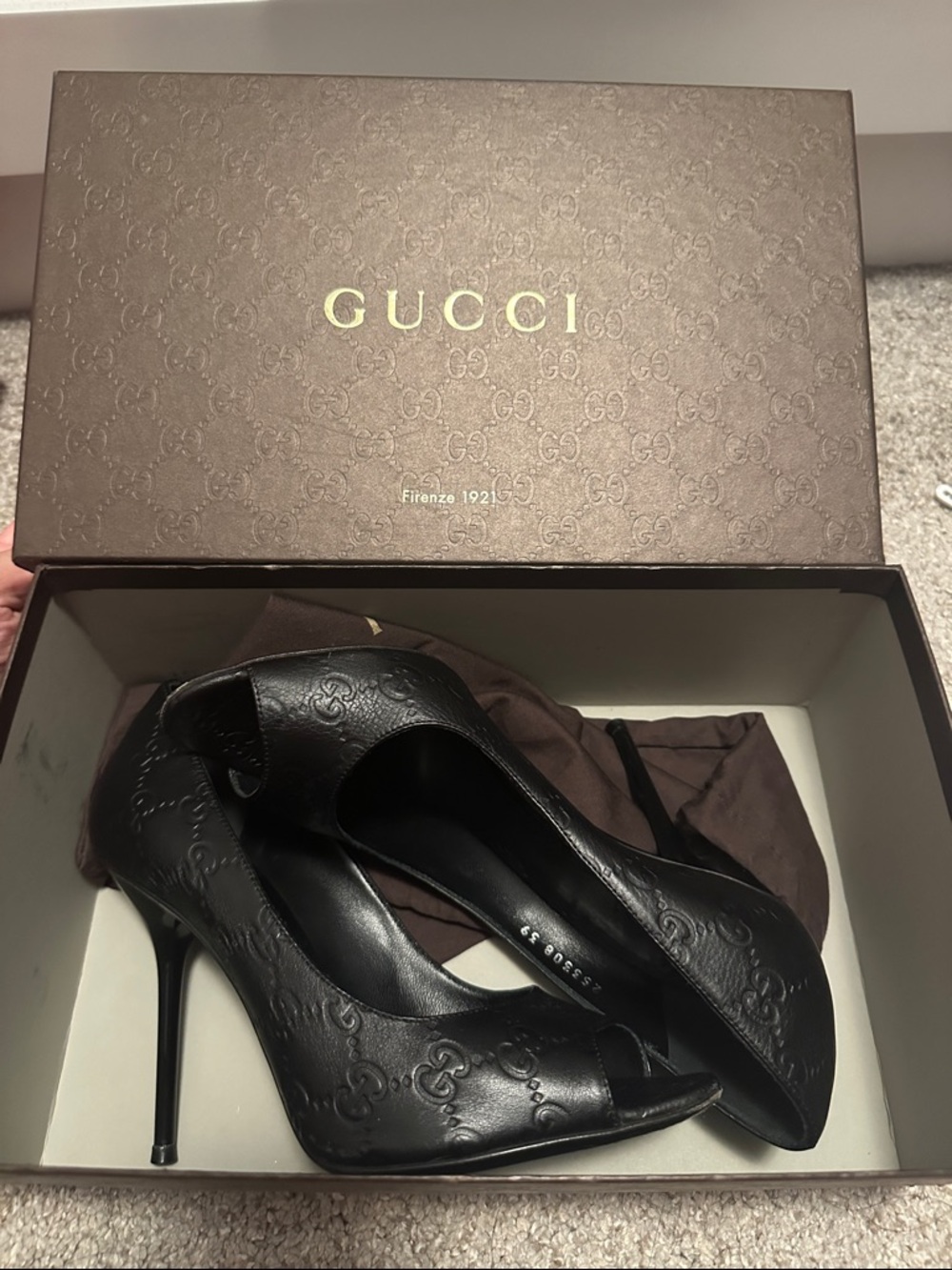 Gucci Black Embossed Leather Peep-Toe Stiletto Heels